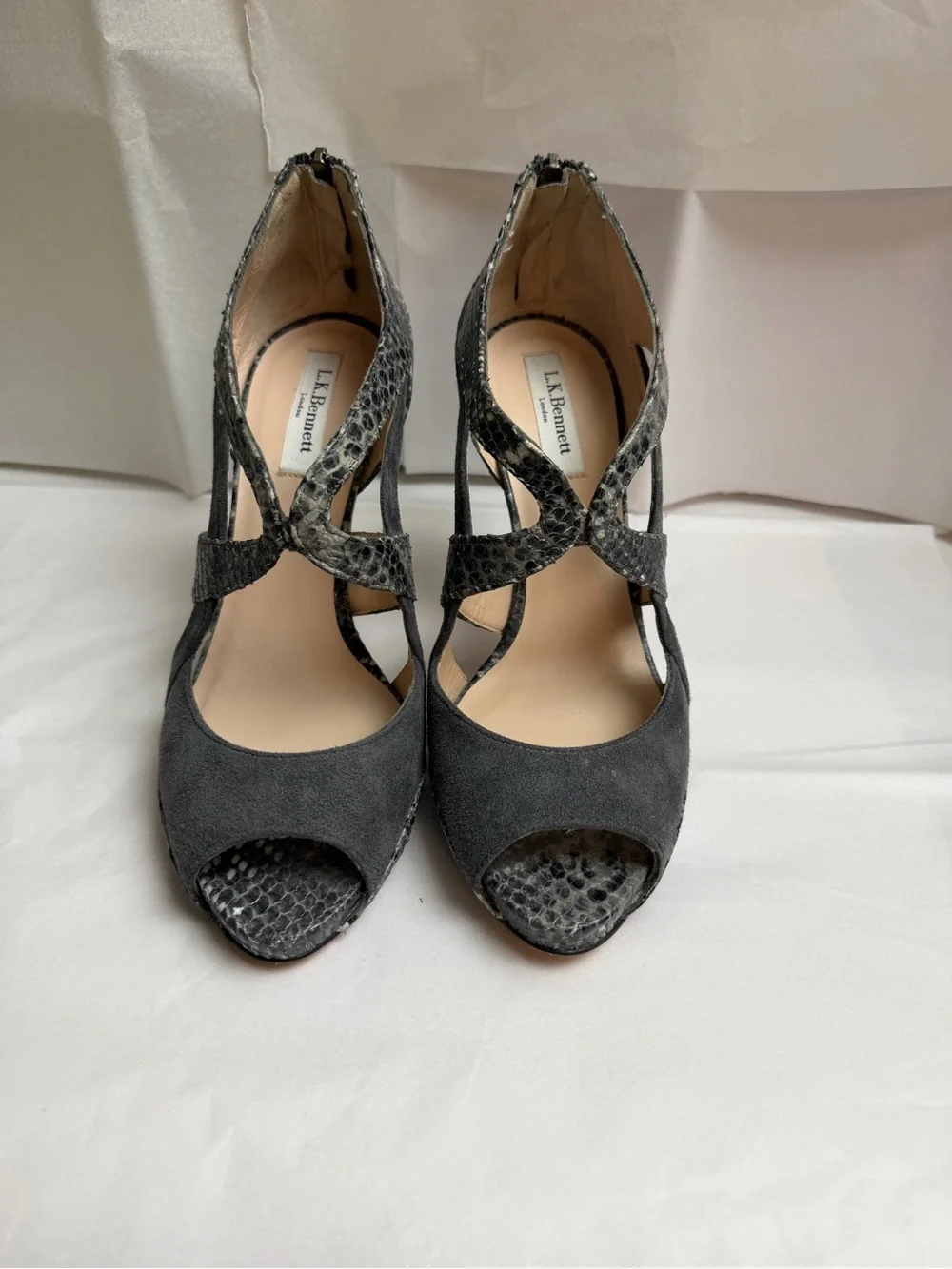LK Bennett Black Suede and Snakeskin T-Strap Peep-Toe Heels